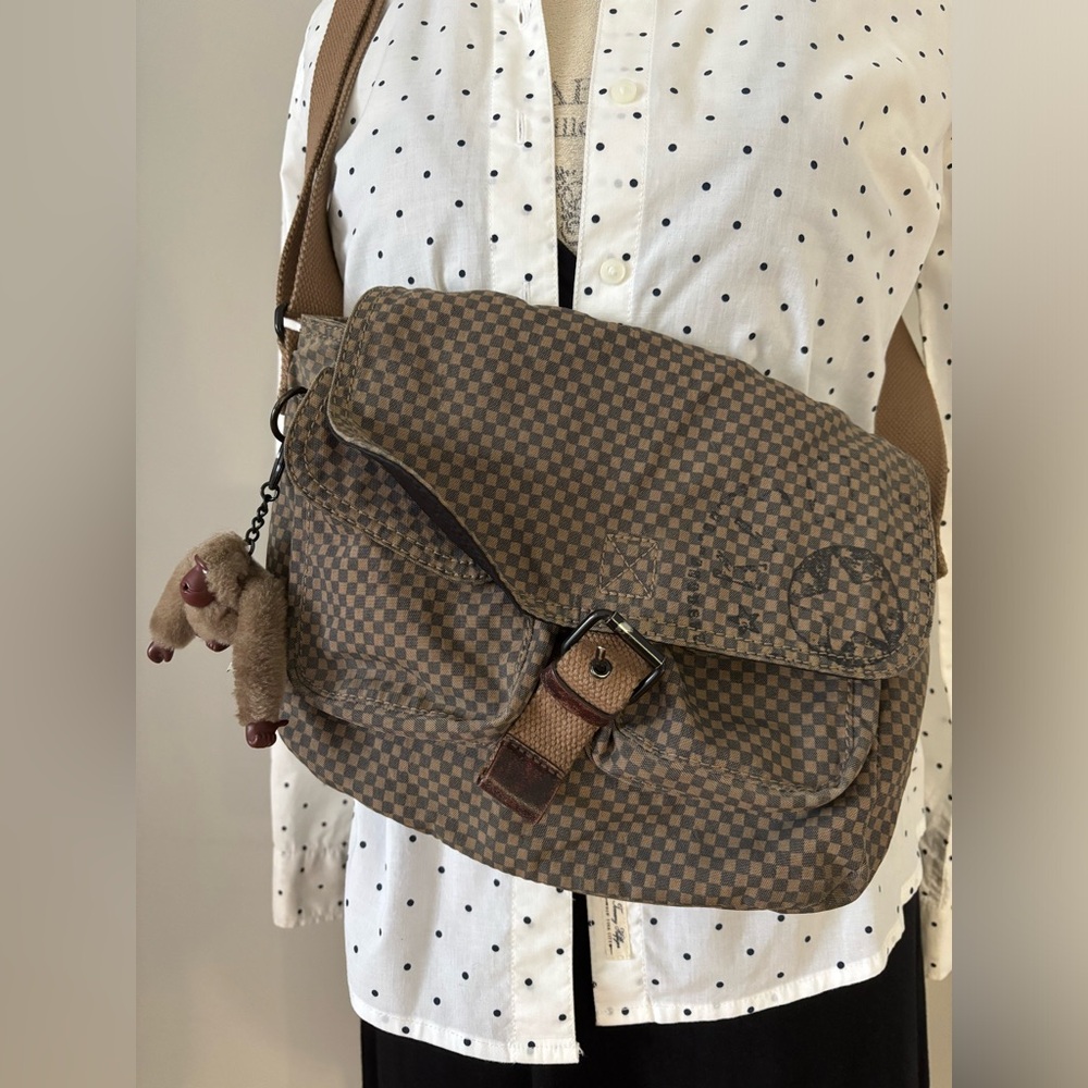 Kipling Brown Checkered Crossbody Bag with Monkey Charm